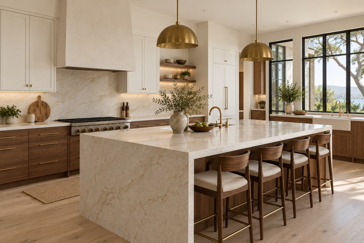 Kitchen design inspiration with walnut cabinetry, a stone island, and natural daylight